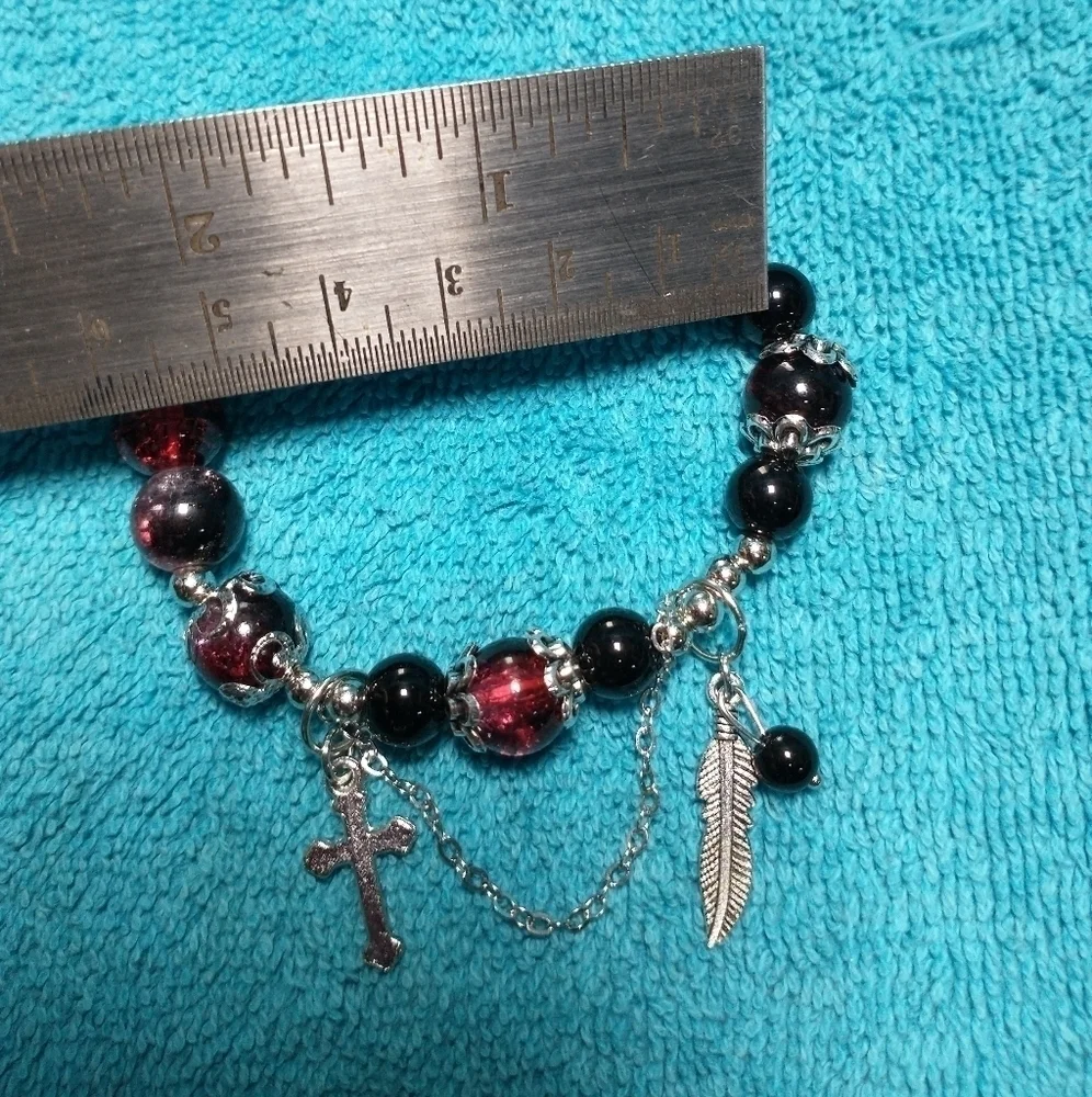 Silvertone black red stretch beaded gothic bracelet